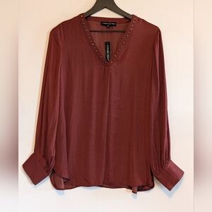 Catherine Malandrino Studded V Neck Satin Blouse Rust Red NWT Large New Romantic
